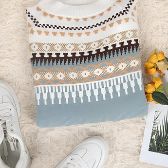 Mint green Fair Isle women's sweater with intricate Scandinavian knit patterns featuring long sleeves.