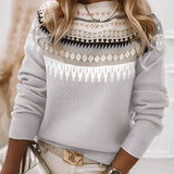 Mint green Fair Isle women's sweater with Scandinavian knit patterns, featuring long sleeves and a cozy, warm design, displayed in gray color and XXL size.