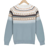 Mint green women's sweater with Fair Isle pattern, featuring long sleeves and a cozy Scandinavian knit design.