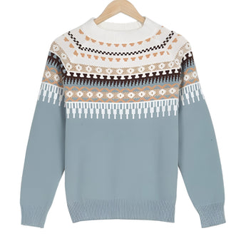 Mint green women's sweater with Fair Isle pattern, featuring long sleeves and a cozy Scandinavian knit design.