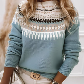 Mint green Fair Isle women's sweater featuring a cozy Scandinavian knit pattern, showcased on a mannequin with arms outstretched, highlighting the intricate design and craftsmanship.