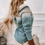 Mint green Fair Isle patterned women's sweater with a cozy Scandinavian design, featuring long sleeves, a round neckline, and intricate knit detailing.