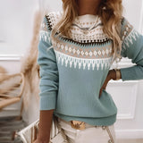 Mint green Fair Isle women's sweater featuring a cozy Scandinavian knit design, modeled by a person showcasing the sweater's long sleeves, shoulder, and neck details.