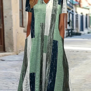 Mint green geometric midi dress with a V-neck and loose fit, featuring short sleeves and a relaxed waistline, modeled by a fashion model.