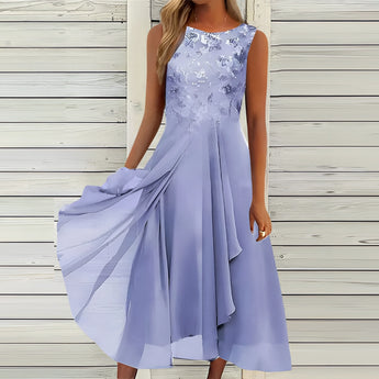 Mint green lace bodice sleeveless chiffon high-low cocktail dress with a flowing design, shown in a plus-size 4XL variant.