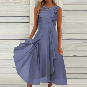 Dark violet sleeveless chiffon high-low cocktail dress with a lace bodice, designed with a fitted top and flowing skirt, suitable for formal or semi-formal occasions.