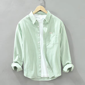 Mint green striped casual button-up shirt with a collar and buttons, featuring long sleeves and a lightweight fabric, ideal for summer fashion in a 2XL size.