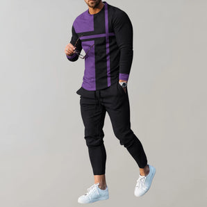 Modern men's streetwear outfit featuring a purple and black geometric patterned shirt paired with matching joggers. Model is wearing a cap, showcasing full-length sleeves, and demonstrating a casual, urban style.
