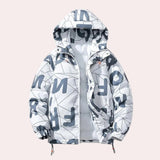 Monochrome geometric print jacket with a high neck, showcasing a stylish urban winter design, in a wit color and size XL. The jacket features long sleeves and a distinct pattern, suitable as outerwear for colder seasons.