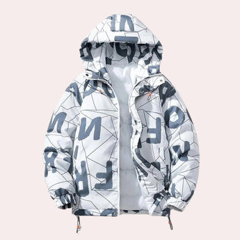 Monochrome geometric print jacket with a high neck, showcasing a stylish urban winter design, in a wit color and size XL. The jacket features long sleeves and a distinct pattern, suitable as outerwear for colder seasons.