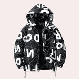 Monochrome geometric print jacket with a high neck design, featuring long sleeves. The jacket is black and size XL, suitable for urban winter wear.