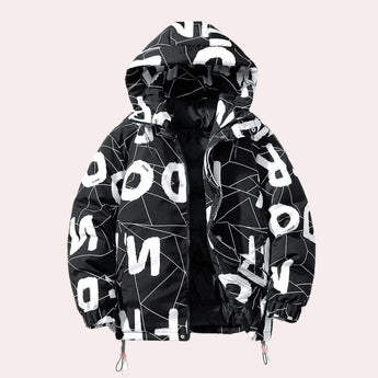 Monochrome geometric print jacket with a high neck design, featuring long sleeves. The jacket is black and size XL, suitable for urban winter wear.