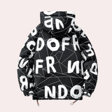 Monochrome geometric print jacket featuring a high neck design, suitable for urban winter wear with a distinctive pattern.
