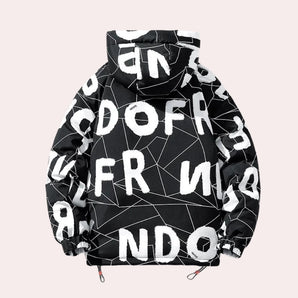Monochrome geometric print jacket featuring a high neck design, suitable for urban winter wear with a distinctive pattern.