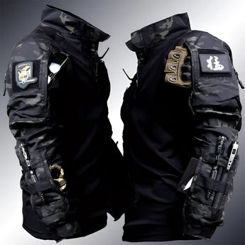 A person wearing a multi-camouflage tactical uniform featuring durable fabric, breathable material, and quick-access pockets, including a collared jacket and cargo pants suitable for outdoor and workwear activities.