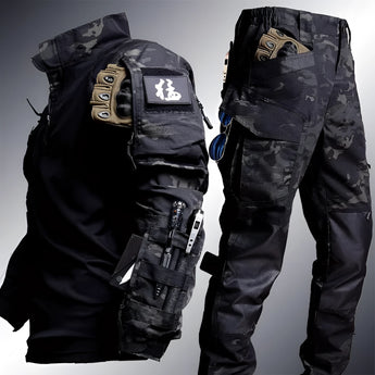Person wearing a black 2XL multi-camouflage tactical uniform with cargo pants, gloves, headgear, and a bag, ideal for workwear and sports gear.