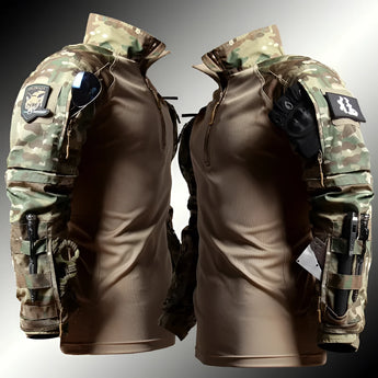 Multi-camouflage tactical uniform featuring durable, breathable fabric with quick-access gear pockets, displayed on a mannequin.