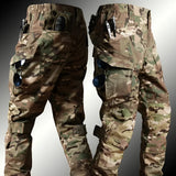 Military personnel wearing multi-camouflage tactical uniform featuring durable, breathable fabric with quick-access gear including cargo pants and outerwear.