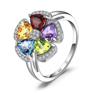 Sterling silver floral ring with multicolor gemstones, featuring resizable band.