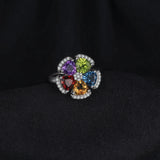Multi-Color Gemstone Sterling Silver 925 Floral Ring featuring various gemstones and intricate floral design by JewelryPalace.