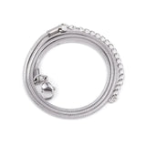 A multi-layer minimalist silver necklace with lightweight and versatile design displayed against a plain background.