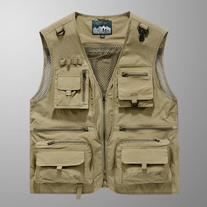Multi-pocket lightweight mesh fishing and hiking vest in khaki, size 3XL, featuring multiple functional pockets, a sleeveless design, and a front zipper closure.