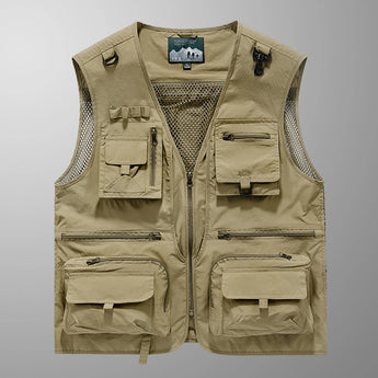 Multi-pocket lightweight mesh fishing and hiking vest in khaki, size 3XL, featuring multiple functional pockets, a sleeveless design, and a front zipper closure.