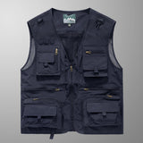Lightweight mesh vest in blue designed for fishing and hiking, featuring multiple pockets, a collar, and button closures, offered in size 3XL.