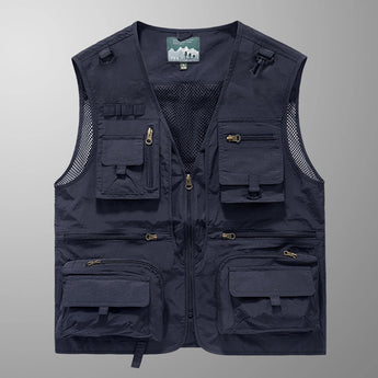 Lightweight mesh vest in blue designed for fishing and hiking, featuring multiple pockets, a collar, and button closures, offered in size 3XL.