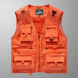 Orange 3XL lightweight mesh fishing and hiking vest with multiple pockets, featuring a sleeveless design and a collar, ideal for outdoor activities.