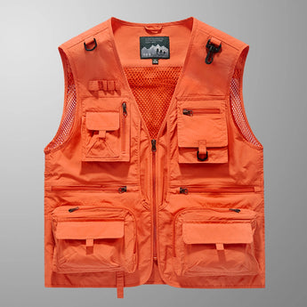 Orange 3XL lightweight mesh fishing and hiking vest with multiple pockets, featuring a sleeveless design and a collar, ideal for outdoor activities.