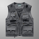 
Deep grey multi-pocket lightweight mesh fishing and hiking vest in size 3XL, featuring a sleeveless design with a collar and button closure.