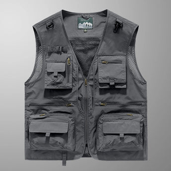 
Deep grey multi-pocket lightweight mesh fishing and hiking vest in size 3XL, featuring a sleeveless design with a collar and button closure.