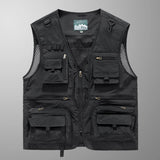 Black multi-pocket lightweight mesh vest designed for fishing and hiking, featuring a sleeveless cut, button closures, and a collar. The vest is in size 3XL and has a practical, fashionable design suitable for outdoor activities.