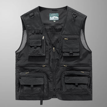 Black multi-pocket lightweight mesh vest designed for fishing and hiking, featuring a sleeveless cut, button closures, and a collar. The vest is in size 3XL and has a practical, fashionable design suitable for outdoor activities.