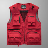 
A red 3XL multi-pocket lightweight mesh vest designed for fishing and hiking, featuring a sleeveless design and multiple pockets for convenience.
