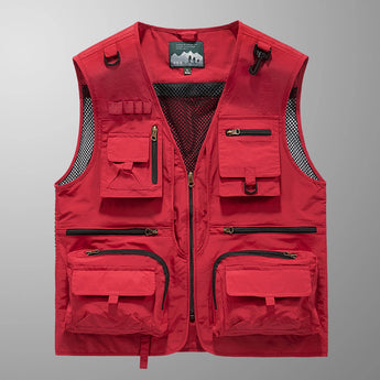 
A red 3XL multi-pocket lightweight mesh vest designed for fishing and hiking, featuring a sleeveless design and multiple pockets for convenience.