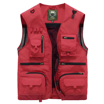 Lightweight and breathable tactical mesh vest with multiple pockets, featuring a sleeveless design and button closure, suitable for outdoor activities. The vest is styled with a modern fashion design, incorporating elements like a collar and magenta accents.