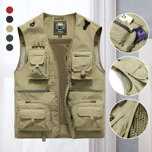 Lightweight, breathable tactical mesh vest in beige with multiple pockets, featuring a sleeveless design and a high collar for outdoor activities.