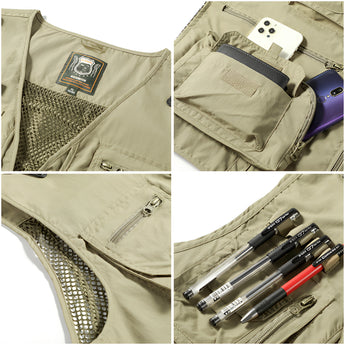 
A lightweight, breathable multi-pocket tactical mesh vest in a khaki color, designed for outdoor activities. The vest features a collar and multiple functional pockets for storage, offering both practicality and comfort.