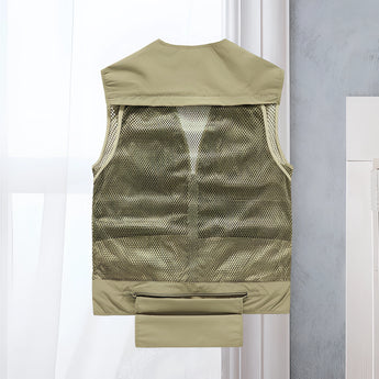Lightweight, breathable multi-pocket tactical mesh vest in grey, designed for outdoor use, displayed on a clothes hanger.