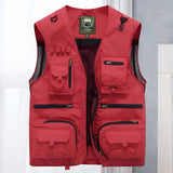 Red 5XL multi-pocket tactical mesh vest featuring a lightweight and breathable design, with a button closure and collar suitable for outdoor activities.
