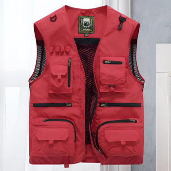 Red 5XL multi-pocket tactical mesh vest featuring a lightweight and breathable design, with a button closure and collar suitable for outdoor activities.