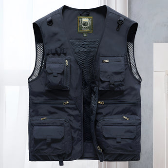 Dark blue 5XL tactical mesh vest featuring multiple pockets, designed for outdoor activities. The lightweight and breathable fabric offers comfort, with a sleeveless design and a stylish collar.