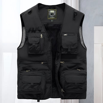 Lightweight and breathable multi-pocket tactical mesh vest in Nero color, size 5XL, featuring a sleeveless design with a high collar.
