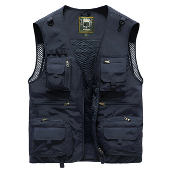 Lightweight electric blue tactical mesh vest with multiple pockets, featuring a sleeveless design and a fashionable collar.