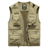Lightweight khaki tactical mesh vest with multiple pockets, designed for breathability and outdoor use, featuring a collar and sleeveless design.
