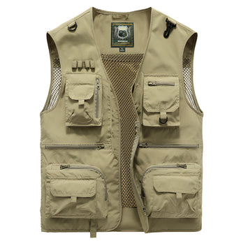 Lightweight khaki tactical mesh vest with multiple pockets, designed for breathability and outdoor use, featuring a collar and sleeveless design.