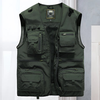 Lightweight, breathable grey mesh tactical vest in military style, size 5XL, featuring multiple pockets, button closures, and a collar, designed for outdoor activities.