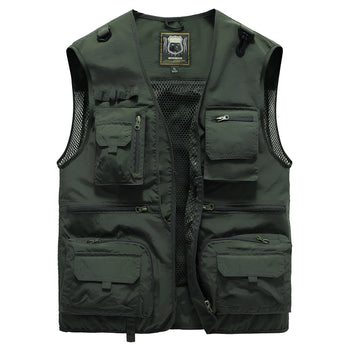 Tactical mesh vest featuring multiple pockets, lightweight and breathable construction, designed for outdoor use.